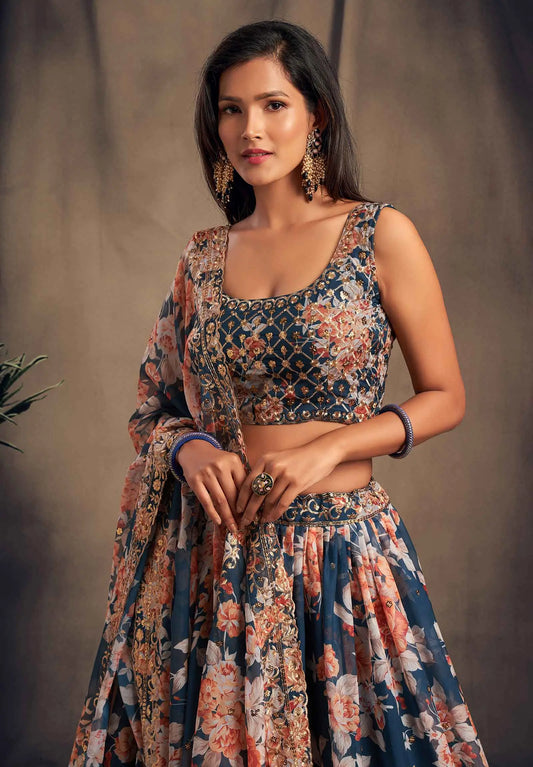 Lehenga en Organza à Imprimé Floral Bleu-vert avec Travaux de Sequins