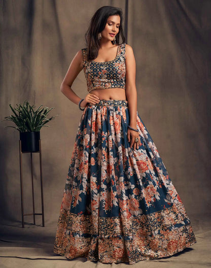 Lehenga en Organza à Imprimé Floral Bleu-vert avec Travaux de Sequins