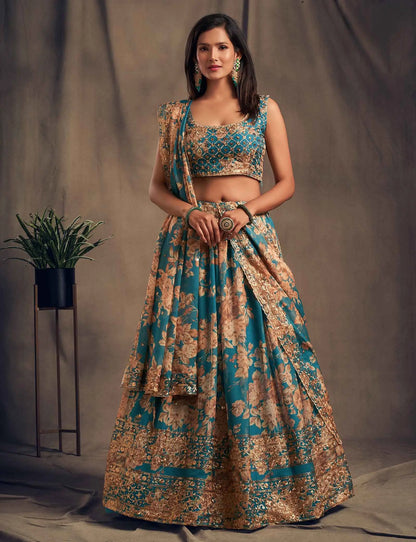 Lehenga en Organza à Imprimé Floral Bleu doux avec Travaux de Sequins