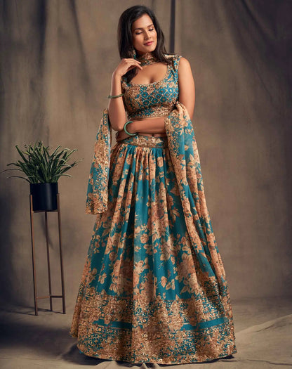 Lehenga en Organza à Imprimé Floral Bleu doux avec Travaux de Sequins