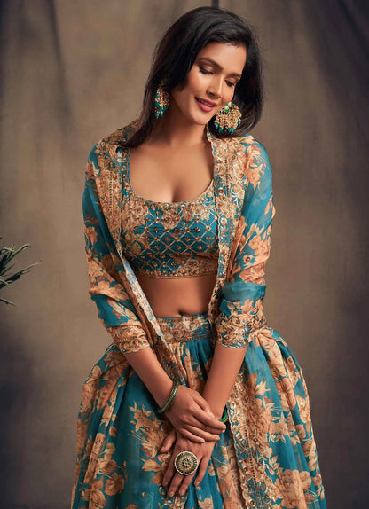 Lehenga en Organza à Imprimé Floral Bleu doux avec Travaux de Sequins