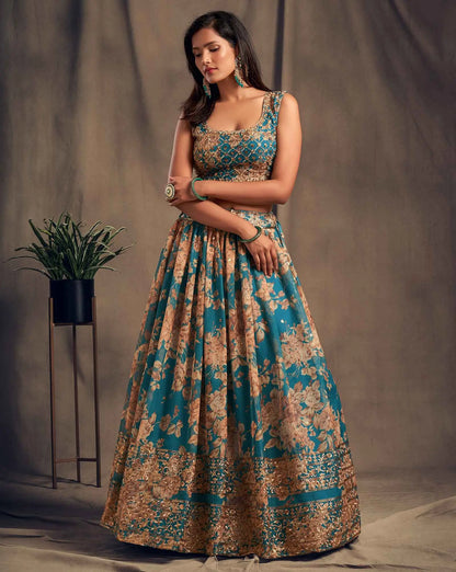 Lehenga en Organza à Imprimé Floral Bleu doux avec Travaux de Sequins