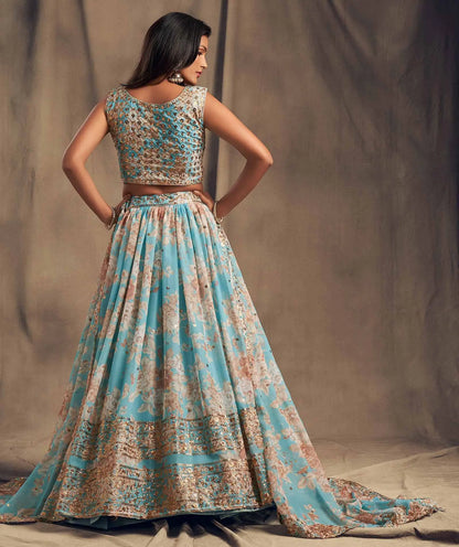 Lehenga en Organza à Imprimé Floral Bleu ciel avec Travaux de Sequins