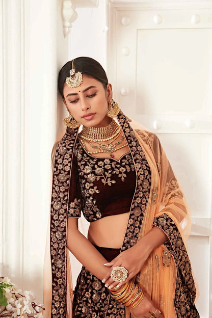 Lehenga en velours bordeaux avec broderies en fil, zari et sequins.