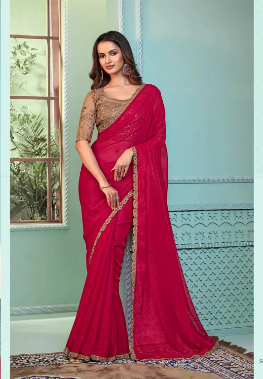 Roter Sari | Georgette mit Pailletten- und Fadenstickerei