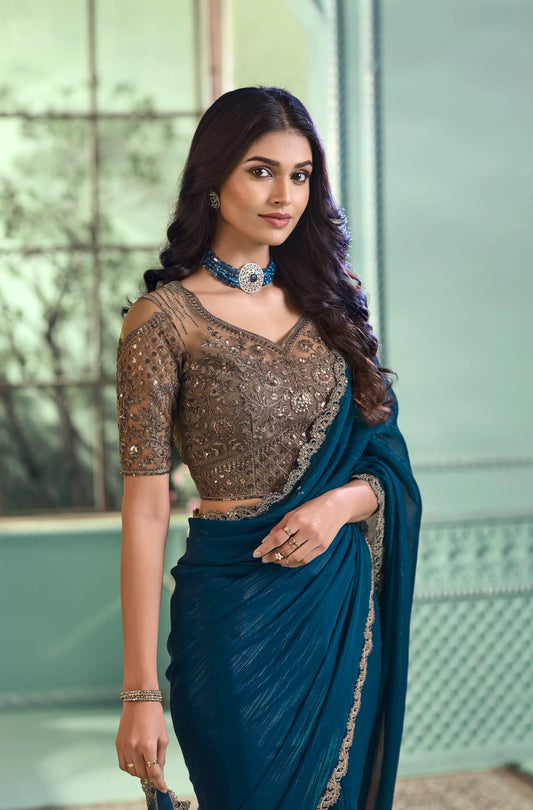 Sari de Fête Bleu en Georgette | Tenue Indienne Irisée avec Sequins