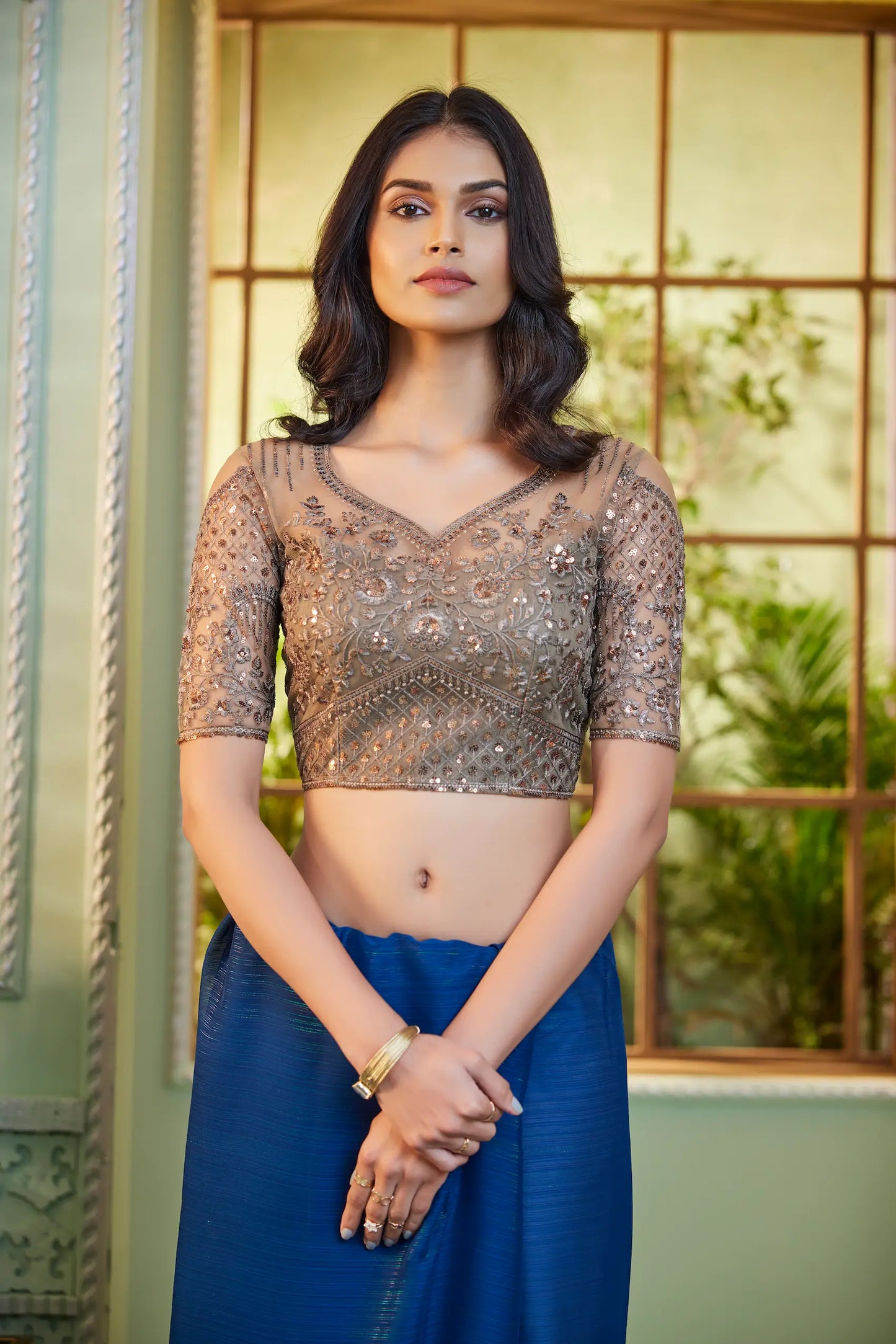 Sari de Fête Bleu en Georgette | Tenue Indienne Irisée avec Sequins