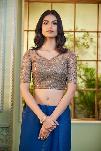 Sari de Fête Bleu en Georgette | Tenue Indienne Irisée avec Sequins