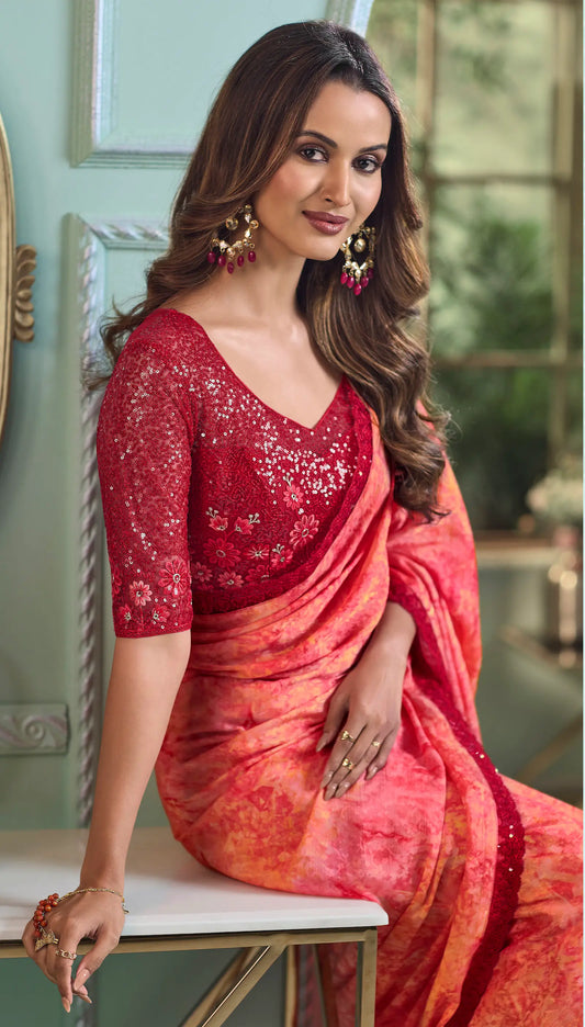 Sari de soirée pêche en chiffon cristal avec broderie de sequins et fil