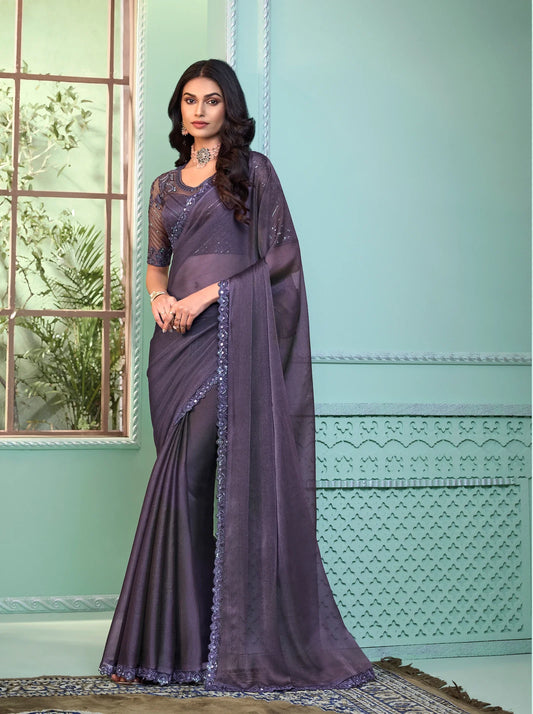 Sari de fête en georgette cristalline violet poudré avec broderie de sequins et de fil