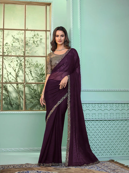 Sari de fête en chiffon couleur violet raisin avec broderie de sequins et de fil