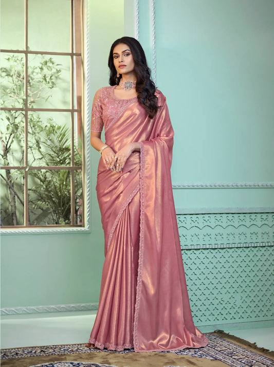 Pale pink glittery georgette party sari with sequin and thread embroidery