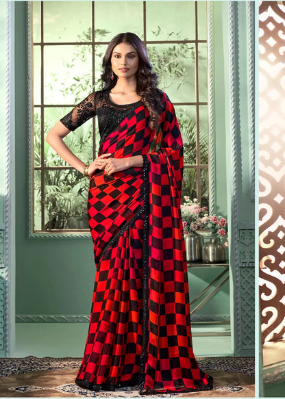 Sari de soirée en chiffon rouge et noir avec broderie en sequins et fil