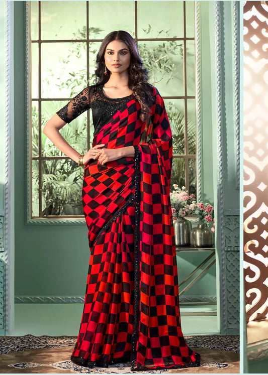 Sari de soirée en chiffon rouge et noir avec broderie en sequins et fil