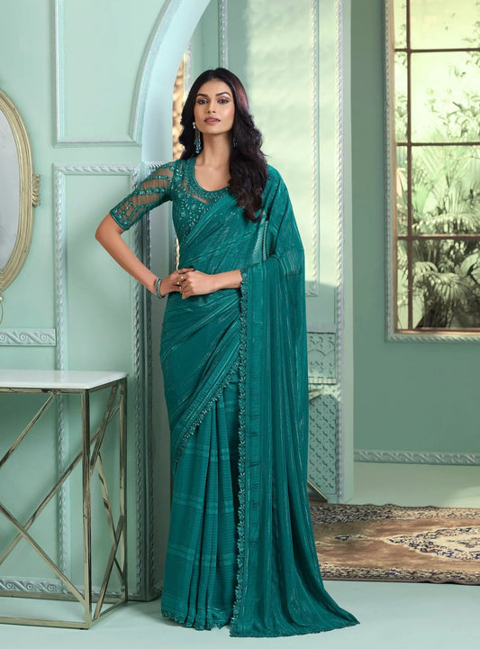 Teal green rainbow chiffon party wear sari with sequin and thread embroidery.