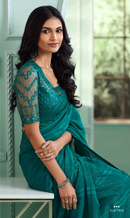 Teal green rainbow chiffon party wear sari with sequin and thread embroidery.