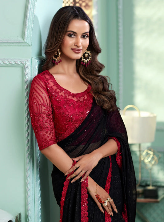 Sari noir en chiffon pour soirées avec broderie en sequins et fils