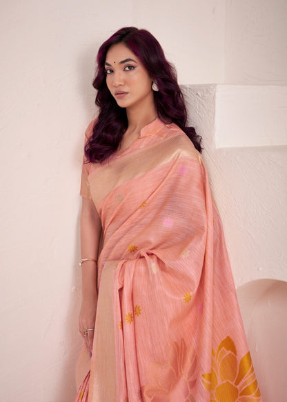 Sari rose saumon clair aux motifs romantiques de fleurs COLLECTION ISHITA