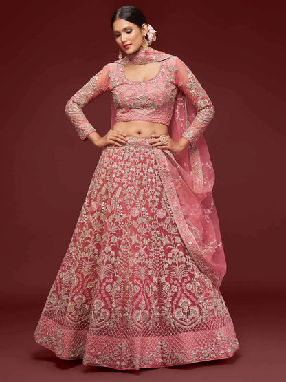 Lehenga Rose fantaisie en filet doux avec broderie en fil, zari, badla et fil dori pailleté COLLECTION JESAL