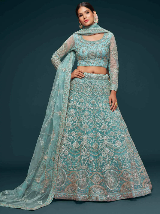 Lehenga Bleu océan en filet doux avec broderie en fil, zari, badla et dori paille COLLECTION JESAL