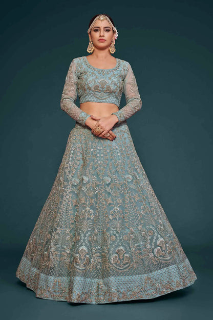 Lehenga Choli en tulle doux Bleu Océan avec broderie en fil, zari, badla et dori COLLECTION JESAL