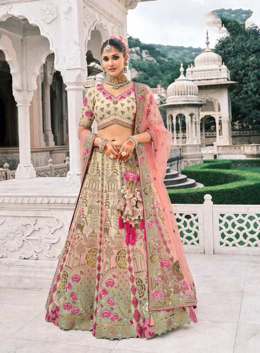 Lehenga de mariée vert clair aux tons roses pastels en soie fantaisie avec broderies COLLECTION ESHA