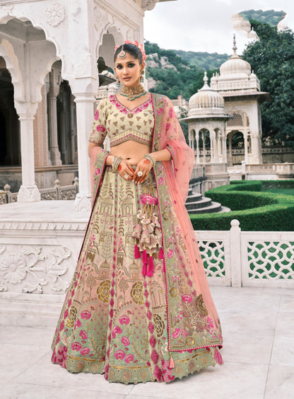 Lehenga de mariée vert clair aux tons roses pastels en soie fantaisie avec broderies COLLECTION ESHA