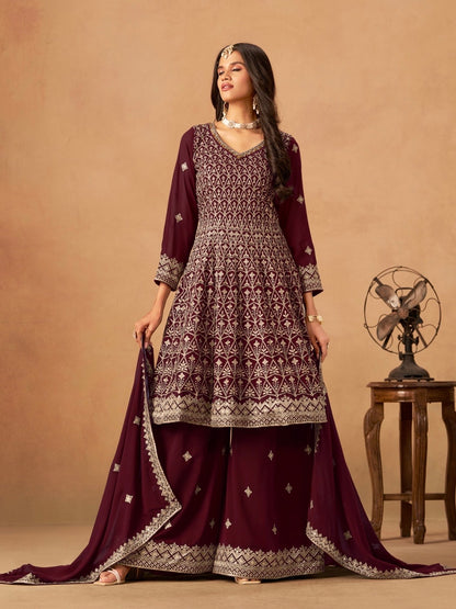Salwar Palazzo rouge bordeaux en faux georgette avec ornements COLLECTION ELINA