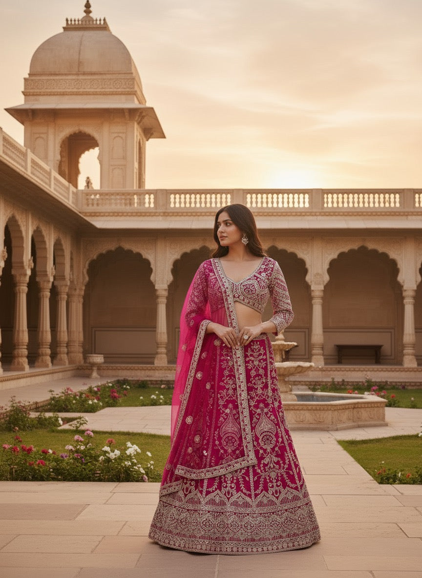 Lehenga rose fuchsia somptueux en butterfly net avec broderies de sequins