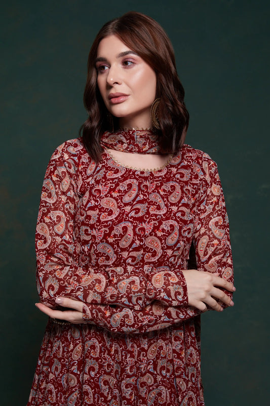 Burgundy printed dress with modern dupatta