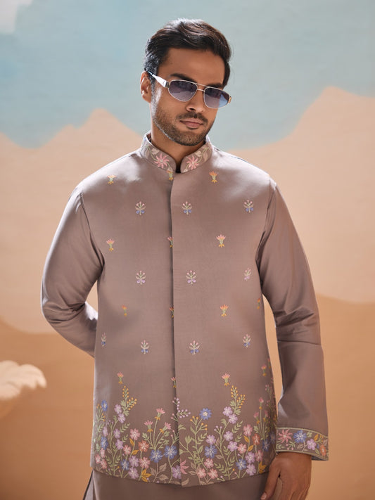 Ensemble Kurta Homme avec Veste Jacket Marron Taupe Clair COLLECTION JEET
