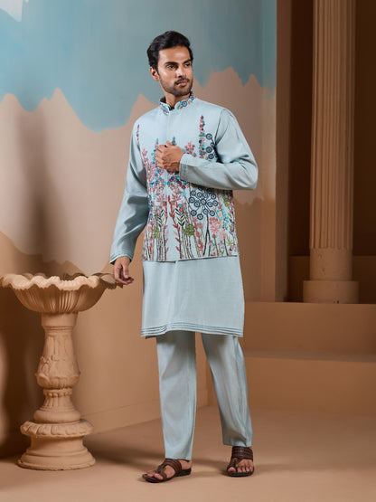 Ensemble Kurta Homme avec Veste Bleu Clair et broderies de fleurs romantiques COLLECTION ARVIN