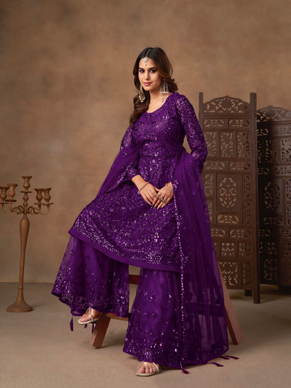 Berry-purple red Sharara set with cord embroidery, sequins and riveted beads