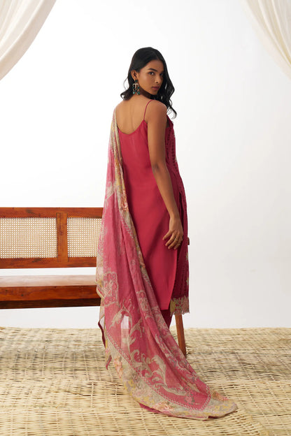 Ensemble Salwar rouge pâle en organza avec broderie fantaisie et dupatta