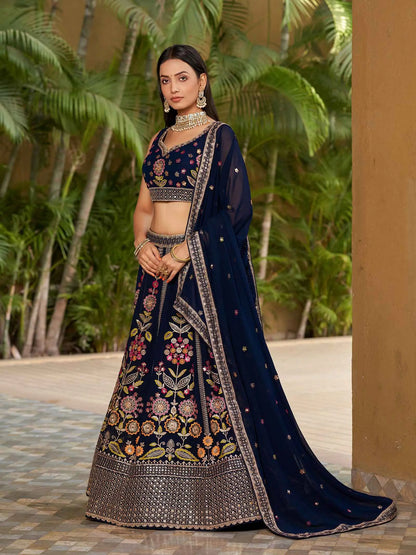 Lehenga Choli bleu marine en georgette avec broderies en fils multicolores, zari, dori et sequins
