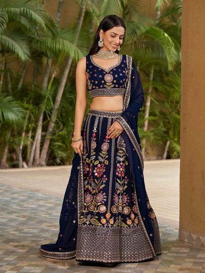 Lehenga Choli bleu marine en georgette avec broderies en fils multicolores, zari, dori et sequins