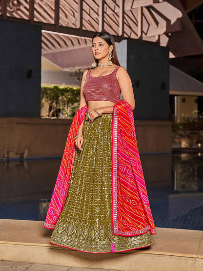 Lehenga glamour en georgette olive et rose avec broderie au zari et sequins
