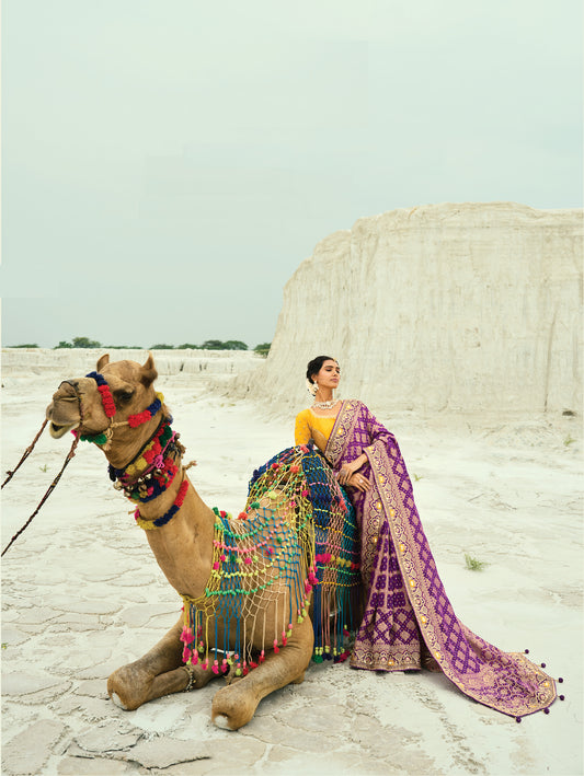 Sari violet et jaune en pur tissu georgette bandhej avec travail fait main de moti et cut-dana COLLECTION KHUSHI