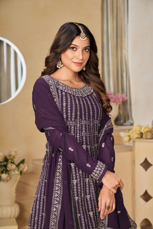 Festliches Salwar-Set aus Georgette-Imitat in Lila und Trauben