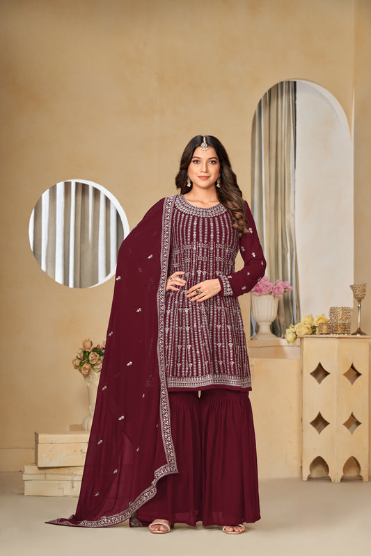 Burgunderrotes festliches Salwar-Set aus Georgette-Imitat