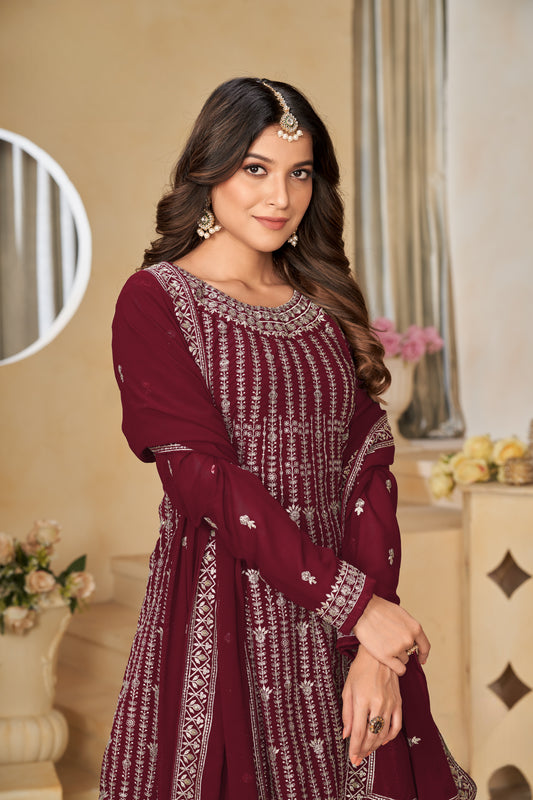 Burgunderrotes festliches Salwar-Set aus Georgette-Imitat