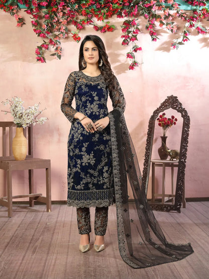 Ensemble Salwar en filet bleu marine avec broderie au fil et sequins