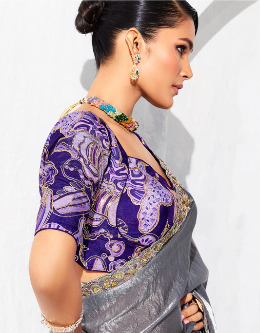 Sari gris clair glam organza fantaisie avec broderies COLLECTION LEYAA