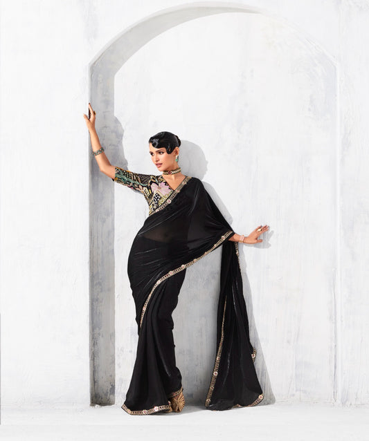 Sari noir glam organza fantaisie avec broderies COLLECTION LEYAA