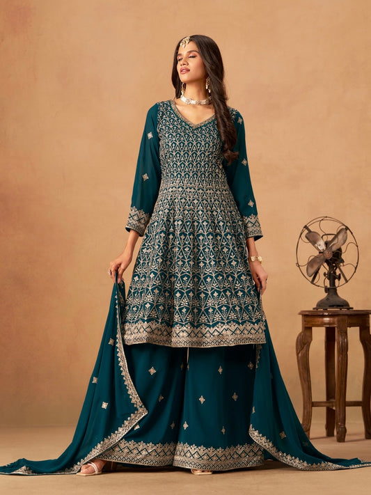 Salwar Palazzo bleu paon en faux georgette avec ornements COLLECTION ELINA