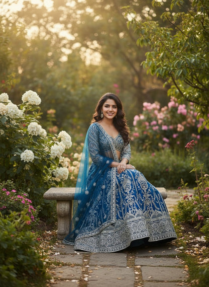 Lehenga bleu minuit somptueux en butterfly net avec broderies de sequins