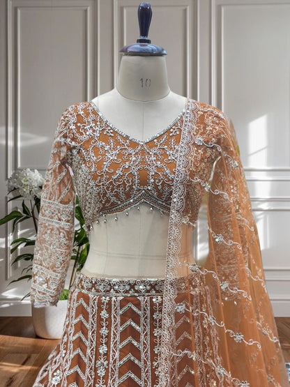 Lehenga orange rouille somptueux en butterfly net avec broderies de sequins