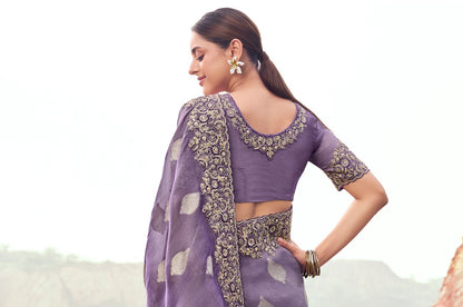 Sari violet clair en pure soie et jacquard  COLLECTION SAYAARAH