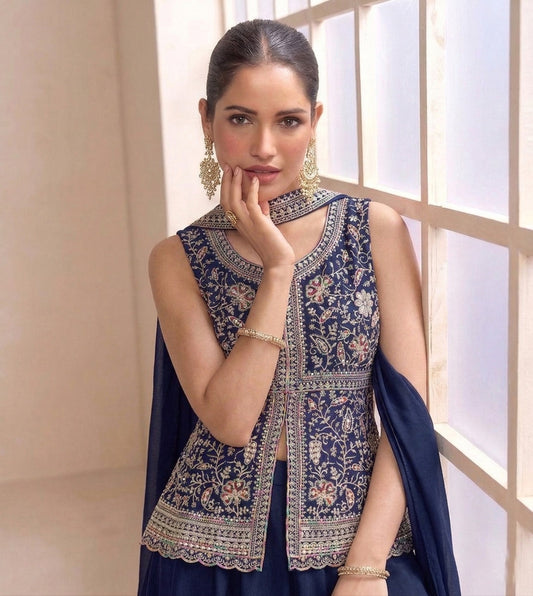Sharara Palazzo prêt-à-porter moderne bleu foncé avec broderies de fleurs COLLECTION MANNAT