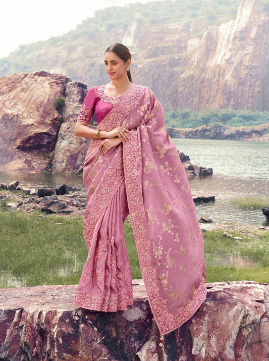 Sari rose foncé et clair en pure soie avec jacquard COLLECTION SAYAARAH